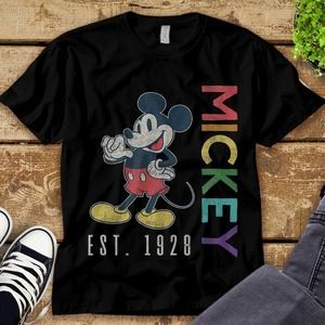 Disney Mickey Mouse Est 1928 Rainbow Lettering Unisex Tee Adult T-shirt